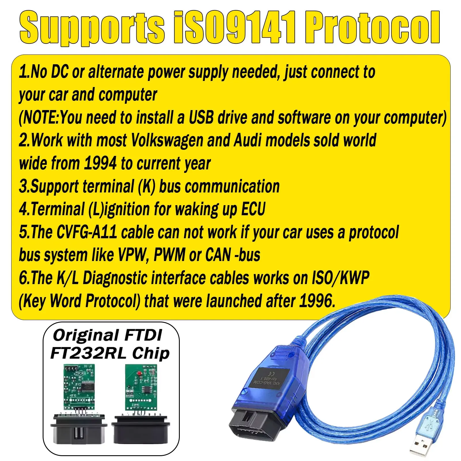 OBD2 Diagnostic Cable For VAG KKL 409.1 Original FTDI FT232RL Chip For VW/Audi/Skoda/Seat Automatic OBD2 Diagnostic Scan Tool