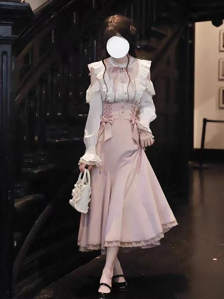 2026 여성 일본 카와이 2피스 세트 얇은 치마 정장 겨울 달콤한 리본 슬림 탑스 패션 뉴 빈티지 크리스마스 숏 아웃핏