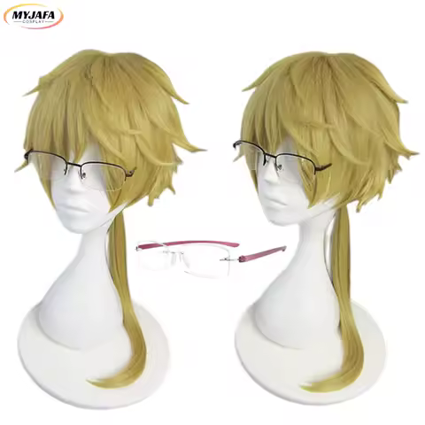 Doppo Kunikida Cosplay Wig Green Gold Long Ponytail Fluffy Heat Resistant Synthesis Hair Anime Cosplay Wigs + Wig Cap