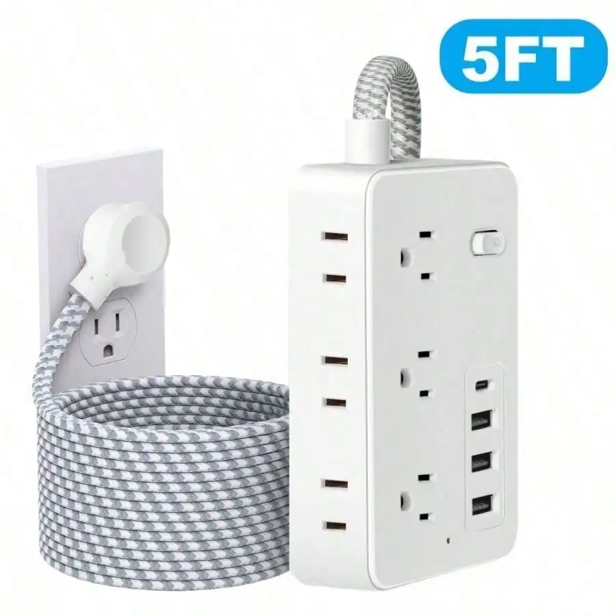 10-in-1 Compact Power Strip, 5ft Flat Plug Surge Protector,Convenient to Carry, Suitable for Home, Office and Travel