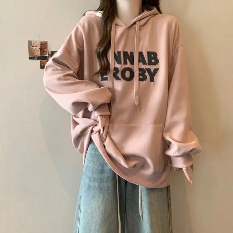 

Ele Embroidered Hoodie Women's Loose Fit Spring Autumn Thin Long Sve Top Trendy Korean Sle Casual Streetwear