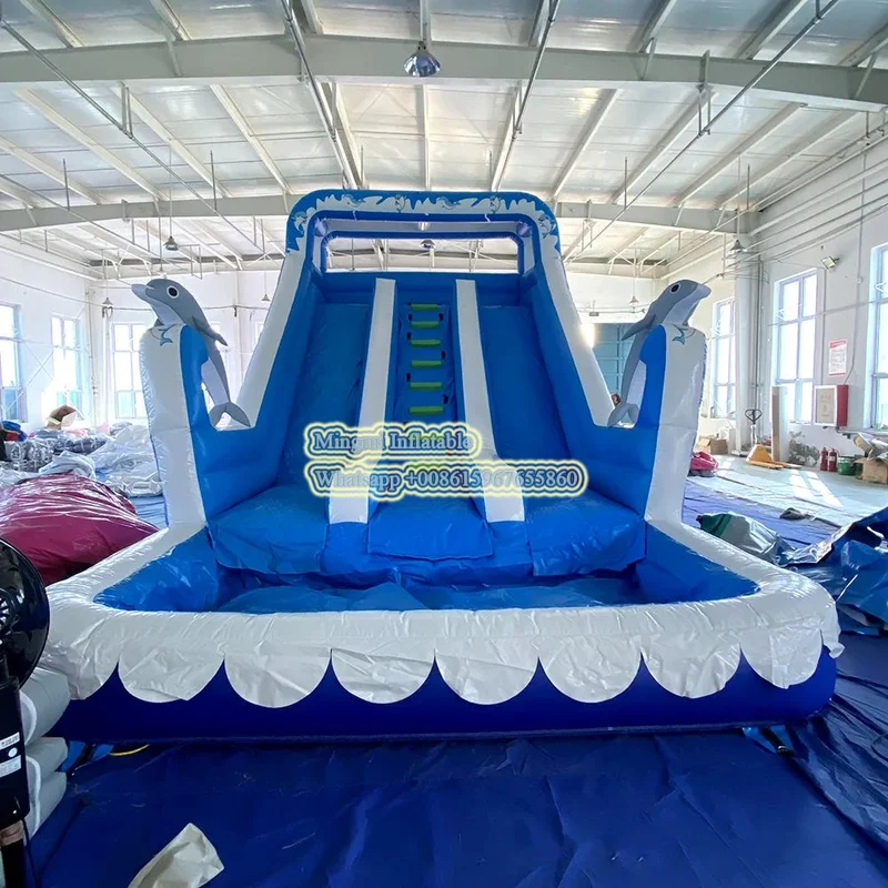 

Commercial Giant Inflatable double Water Slide Dolphin Pool Slide Inflatable bounce house With Pool For Adult kids free air ship