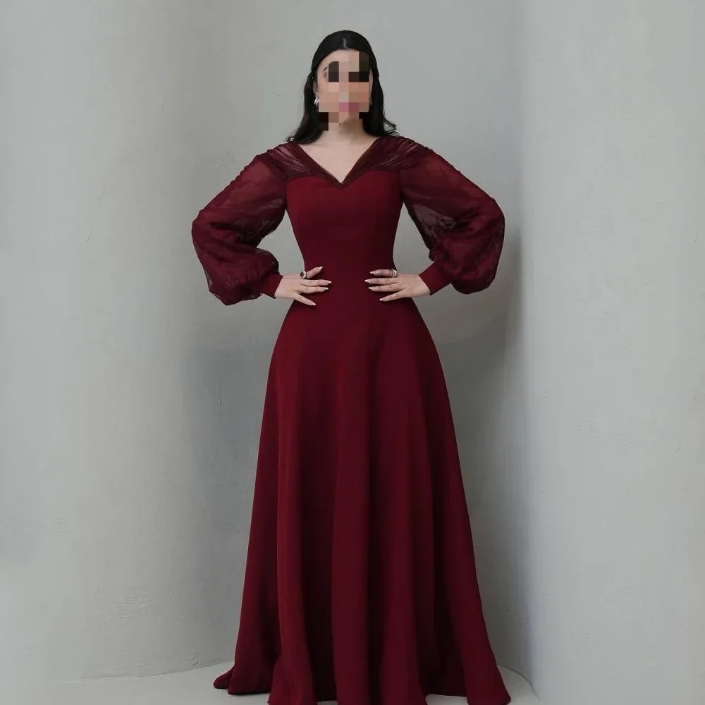 

Simple Evening Dresses V-Neck Long Sleeves A-line Beading Evening Gowns Floor Length Prom Dresses Dress Customized 2025