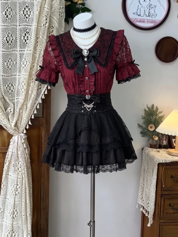 2026 Gothic Japanese Lolita Subculture Dark Cute 2 Piece Set Women Red Ruffle Lace Trim Bow Rhinestone High Waist Mini Skirt