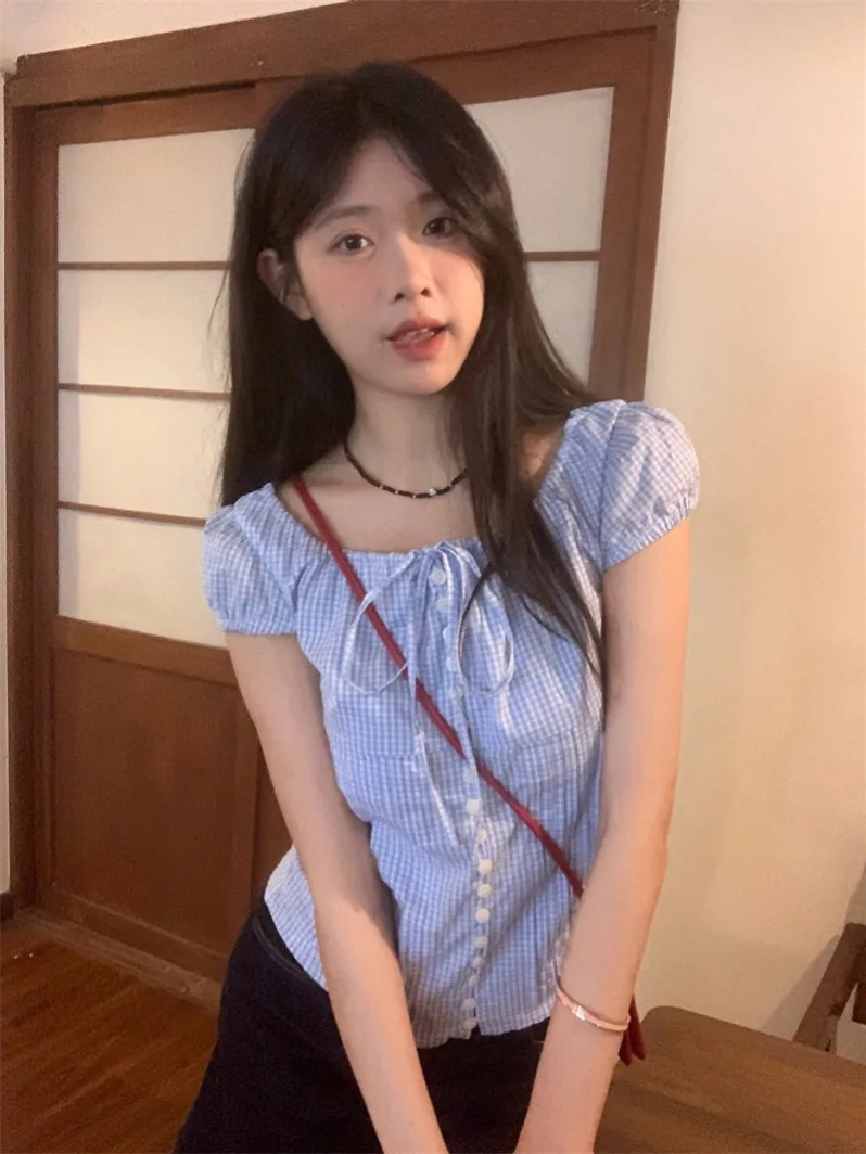 

2024 Korean Chic New Summer Women Tops Plaid Shirt Short Puff Sleeve Drawstring Neck Single Breasted Design Sweet Girls Shirts