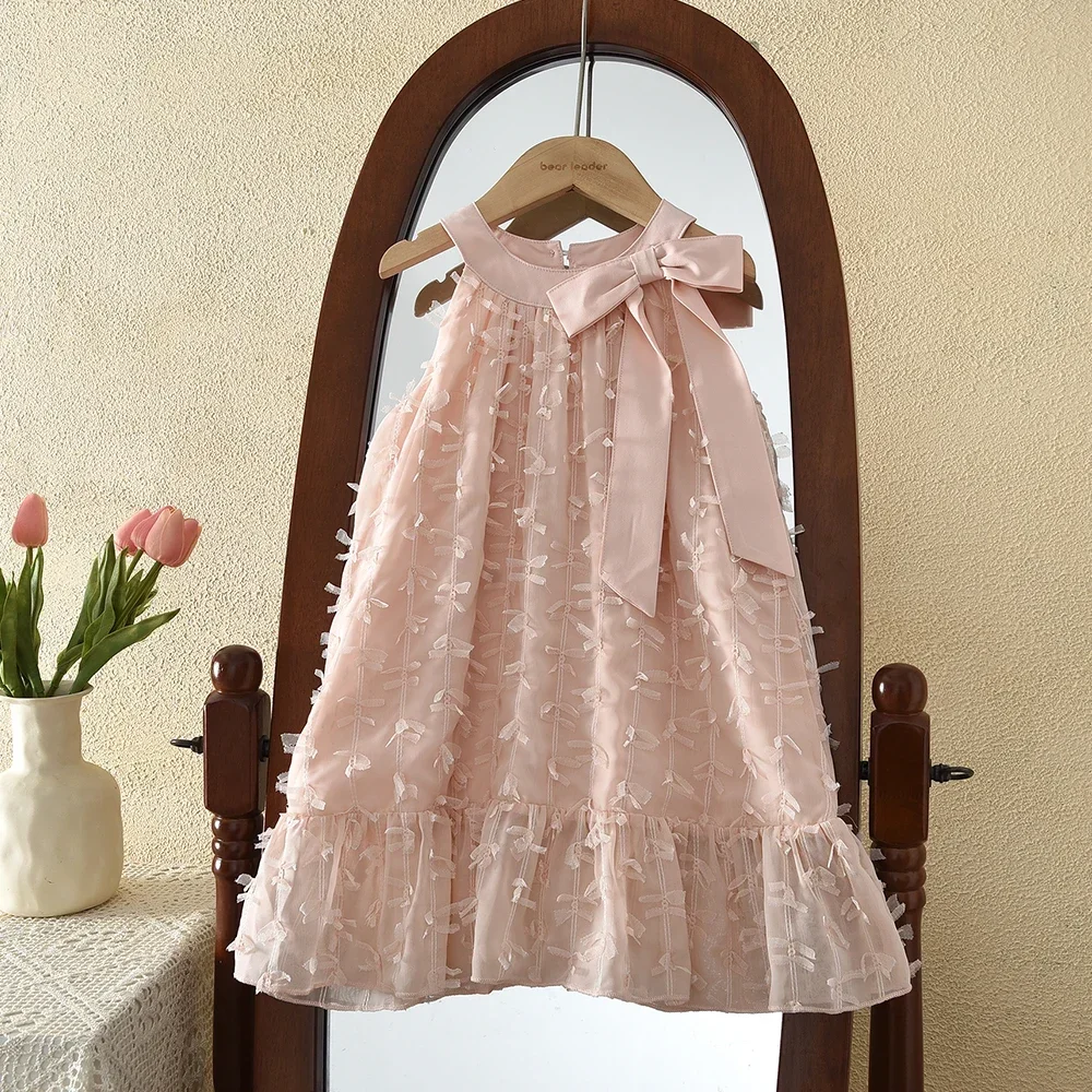 3-7 Year Old Summer Girls Round Neck Sleeveless Hanging Neck Lace Pink Dress Korean Version Sweet and Cute Children's Clothing