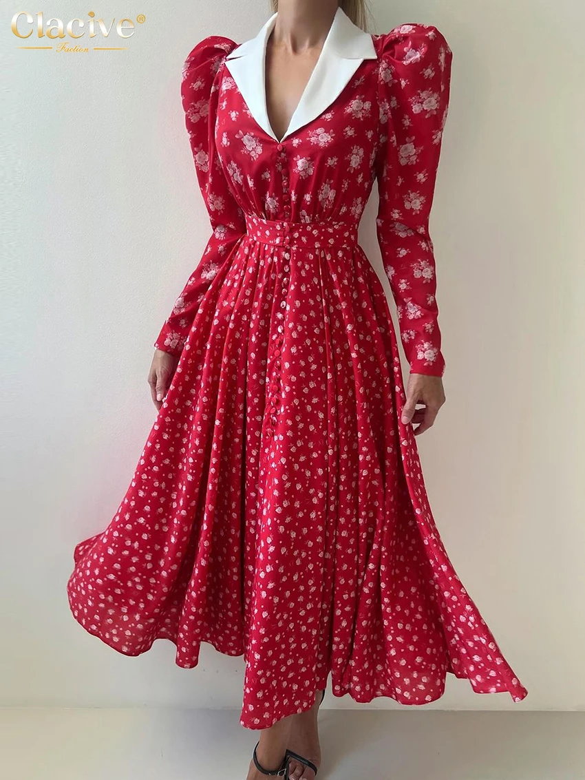 Clacive Fashion Loose Print Women's Dress Vintage Lapel Long Sleeve Ankle Length Dresses Elegant High Waist Pleated Female Dress