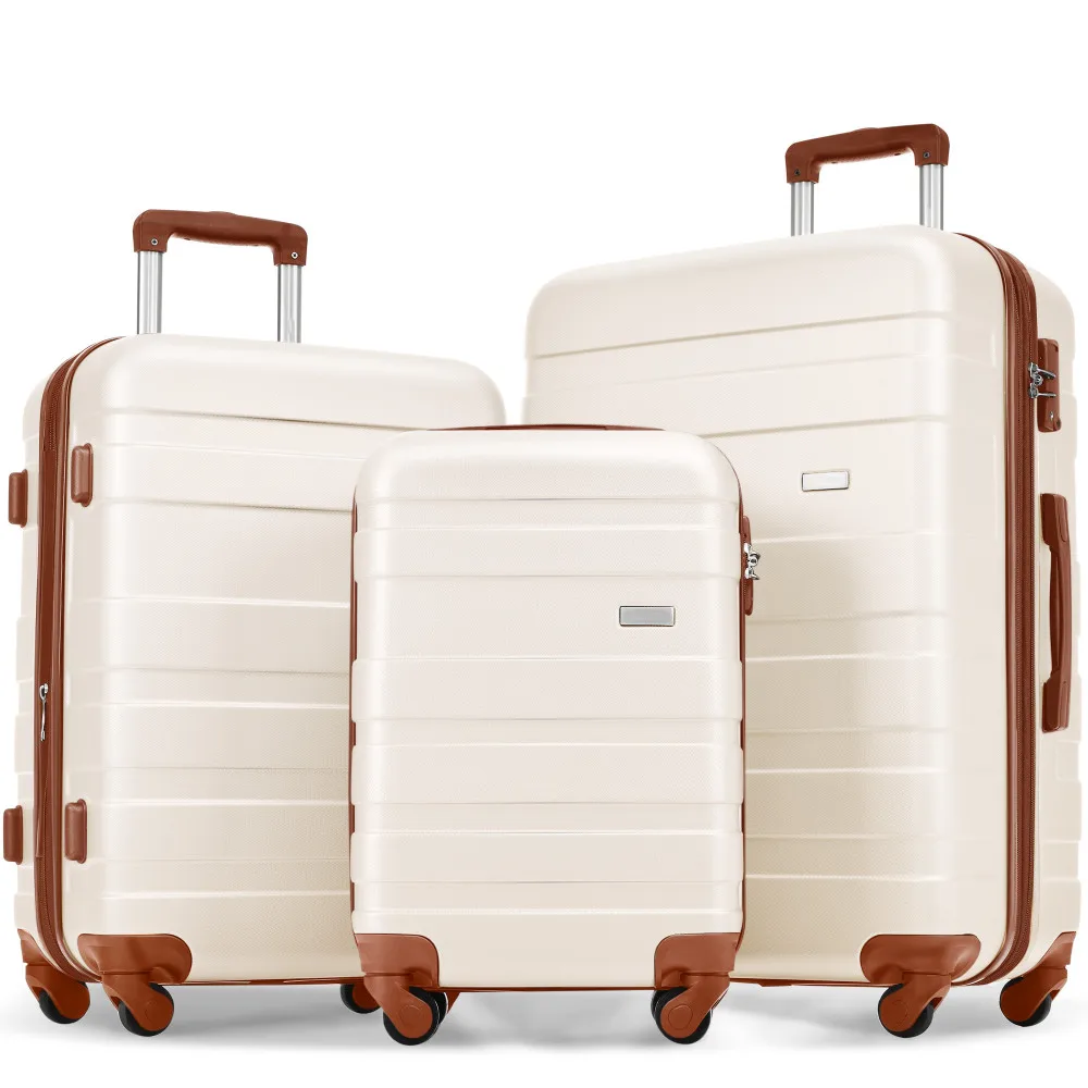 

3pcs Clearance Luggage Hardside Lightweight Durable Suitcase sets Spinner Wheels Suitcase with TSA Lock (ivory and brown)