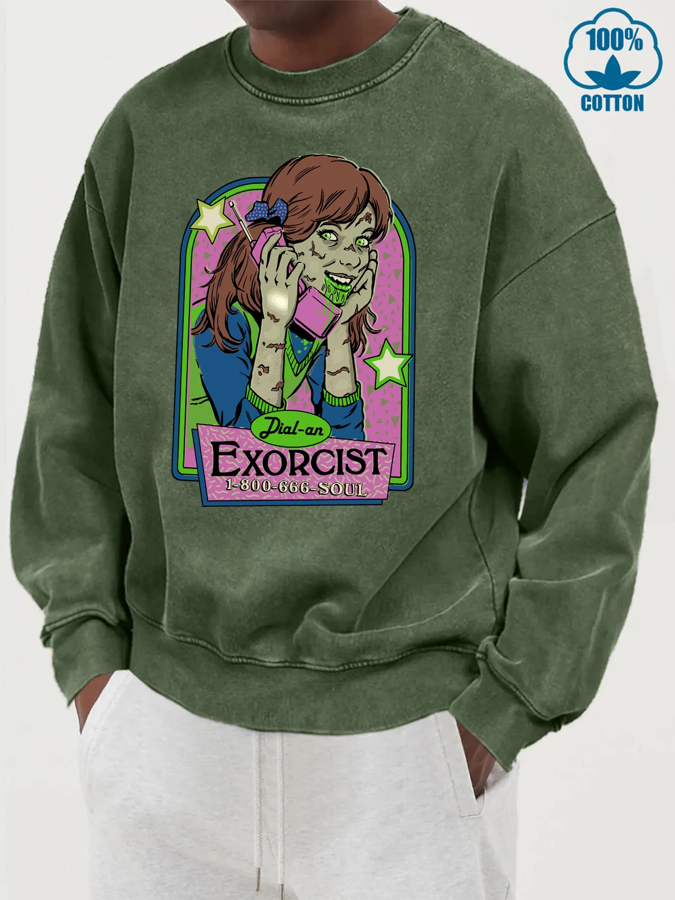 Call The Exorcist Design Male Washed Cotton Sweatshirt Simple Crewneck Pullovers Street Oversize Clothing Autumn Fashion Tops