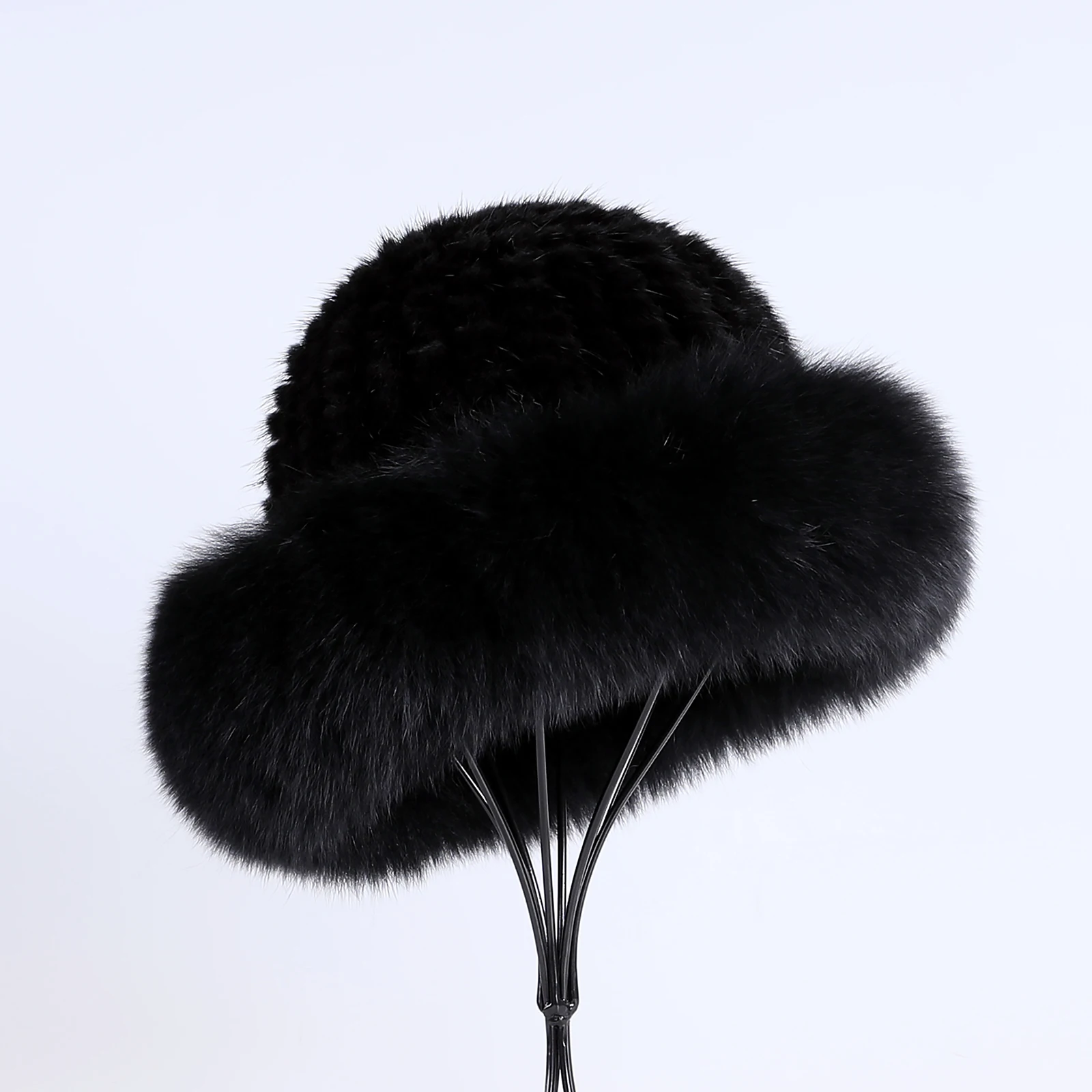 Frauen Winter warm echte Premuim Nerz Fell gestrickt Eimer Hut pelzigen Echtpelz Kappen Big Fox Pelz besatz Krempe verstellbar – Detail 10