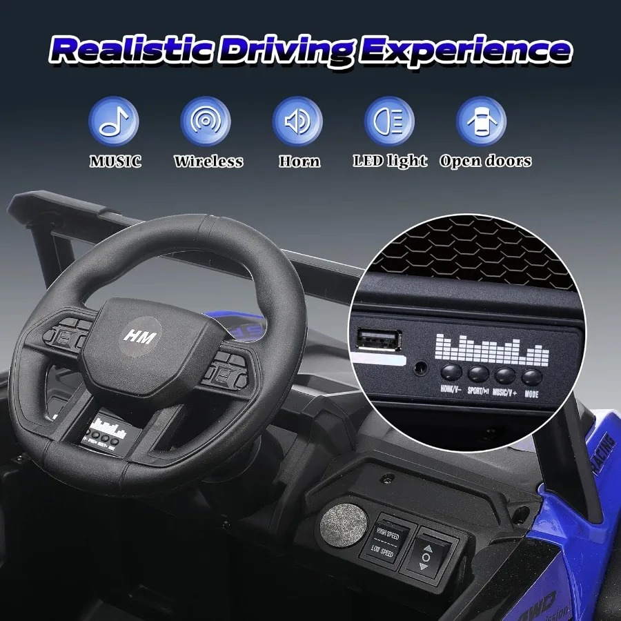 12V電動乗用車、リモコン付きトラック、LEDライト、3段階速度調整、音楽、安全ベルト、ソフトスタート、ホーン付き