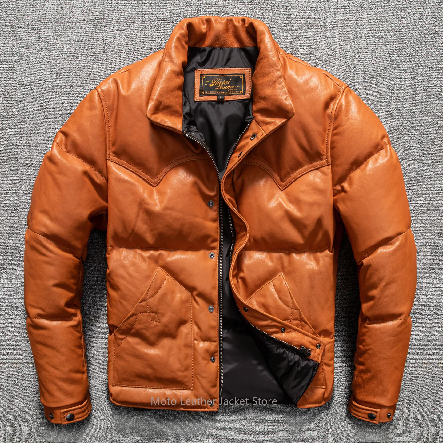 Men's First Layer Sheepskin Down Jacket Windproof Warm Short Slim Fit Fur Collar Genuine Leather Coat Plus Size Winter