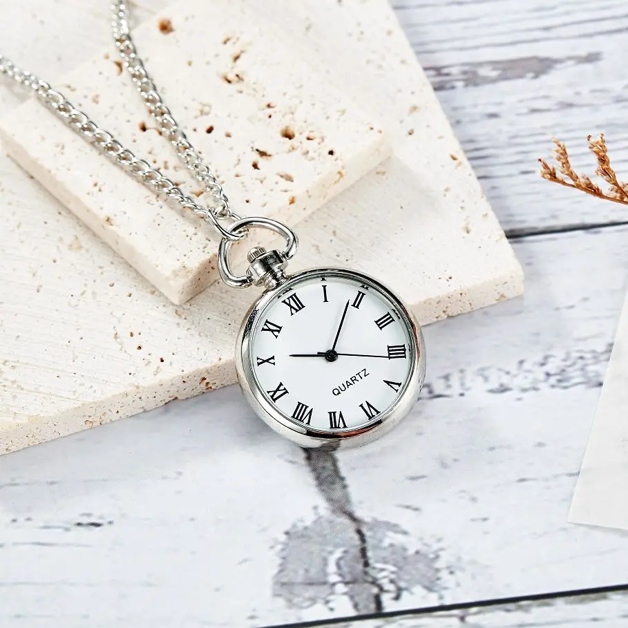 New Pocket & Fob Watches Pocket Watch Vintage Long Link Chain Necklace Silver Round Pendant Antique Style