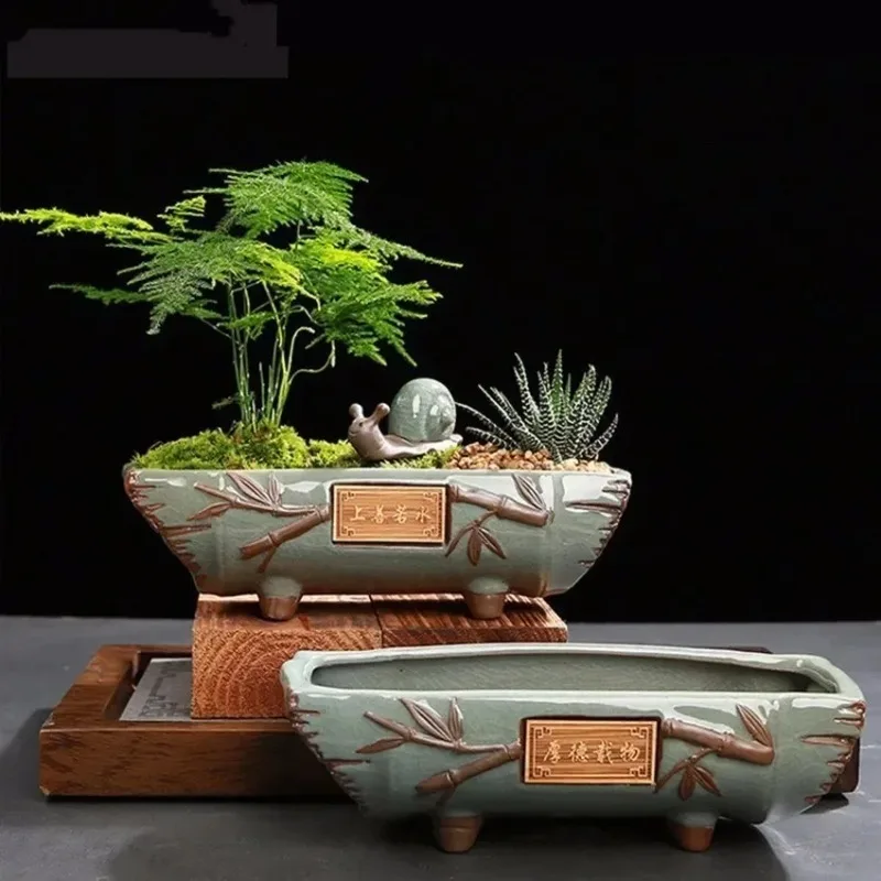 Maceta de Cerámica Vintage para Bonsái, Maceta Rectangular Creativa para Suculentas con Estilo Chino para Decoración del Hogar y Jardín