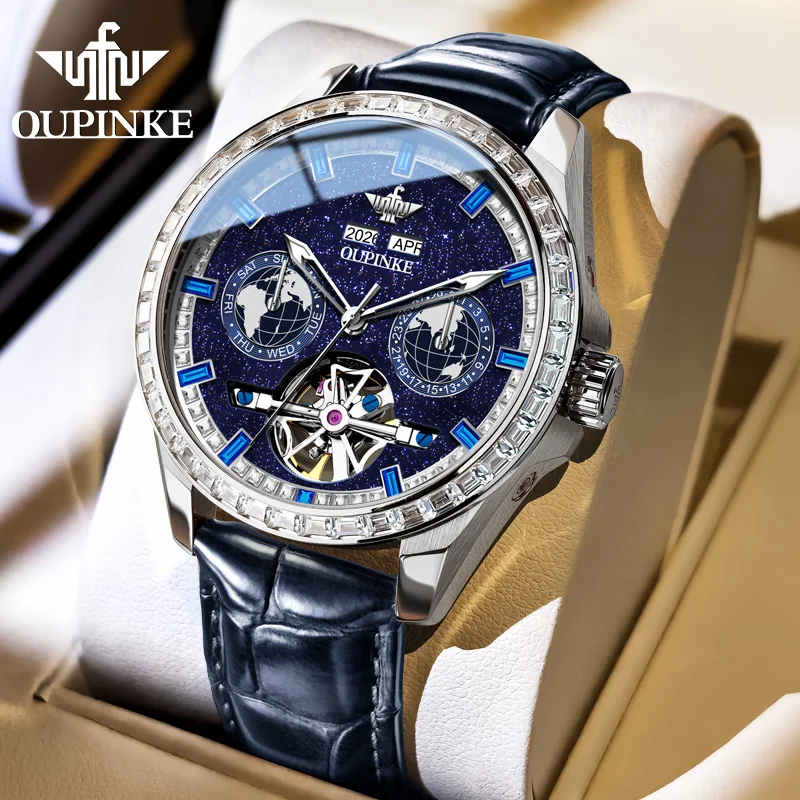 OUPINKE 3280 Automatic Men's Watch Diamond Bezel Skeleton Multifunctional Dial Mechanical Watch for Men