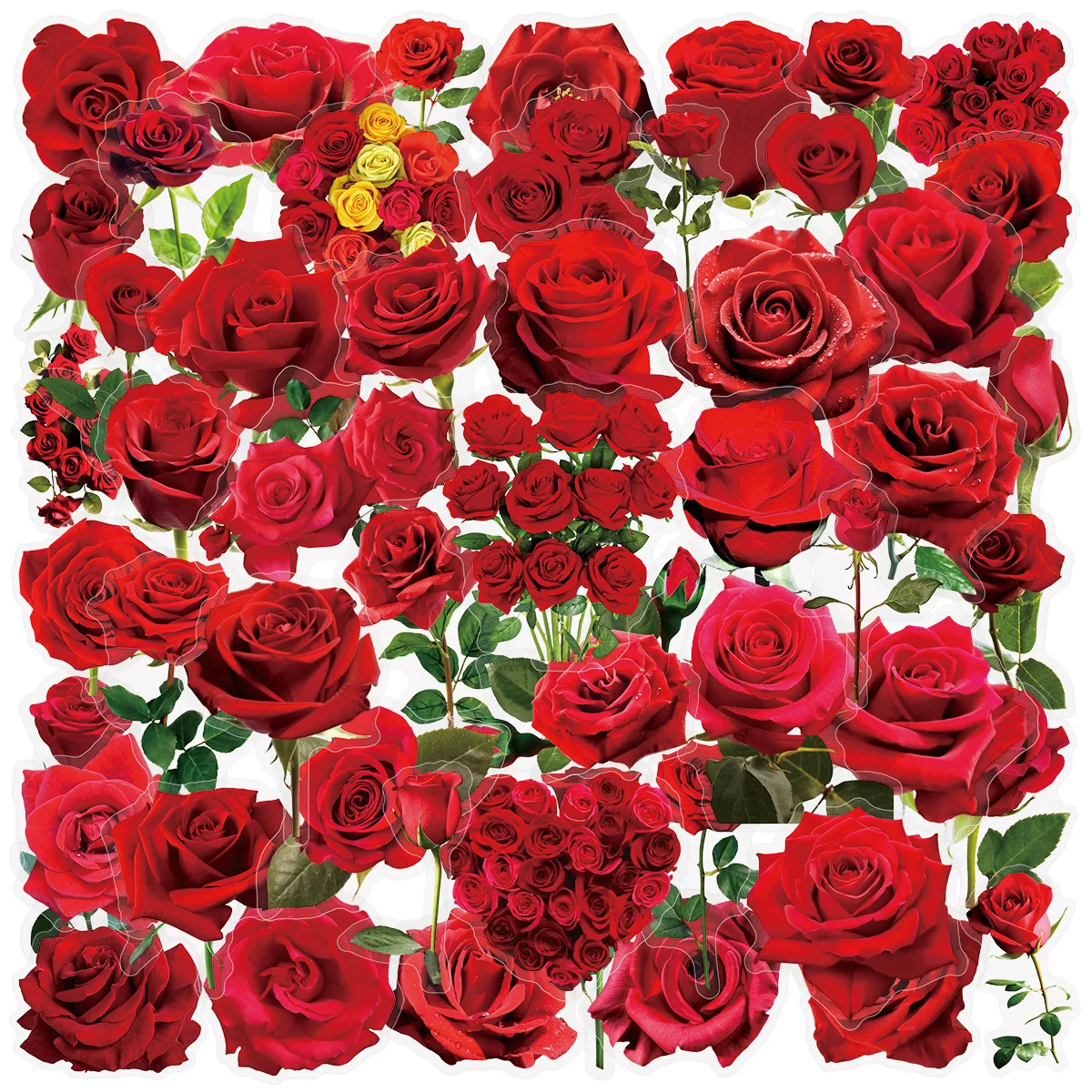 50Pcs Transparent PET Red Rose Stickers Handheld Account Phone Stationery Box Gift Box Wedding Decoration Waterproof Sticker