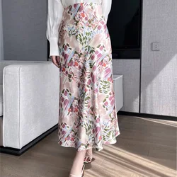 Senior Acetic Acid Satin Skirt Women 2025 Summer Long Silk Slip Feeling Light Luxury Floral High Waist Big Skirt.
