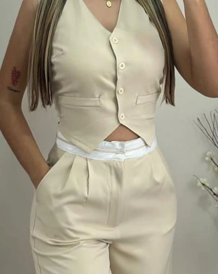 Hot Selling 2 Psc for Women 2024 Summer Casual Simple Solid Color Sleeveless V-Neck Buttoned Vest Top & Pocket Design Pants Set