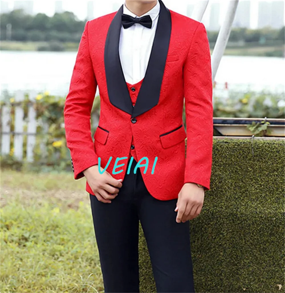 

Men's Casual Business Wedding Suits Coat Vest Pants / Male Big Black Collar Dark Pattern Blazers Jacket Trousers 3 Pcs Set