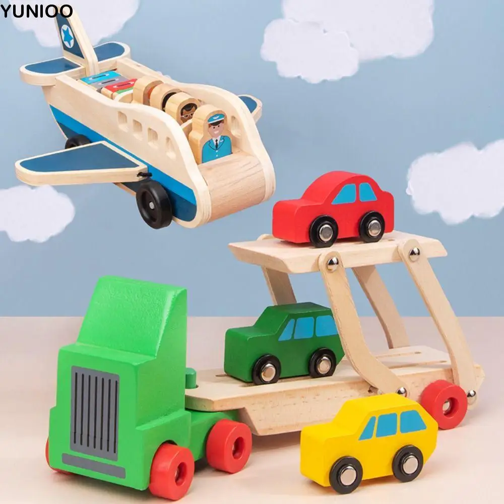 

Building Blocks Wooden Passenger Plane Set Simulation Trailer Double Layer Car Model Interactive Passengers