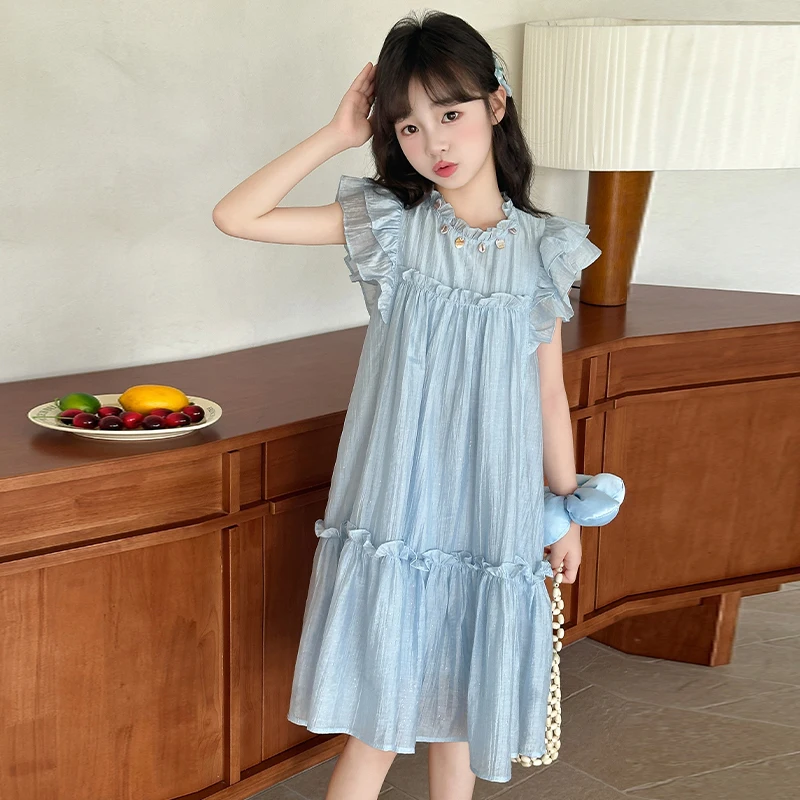 Baby Kids Dresses For Girls Princess Dress Ruffle Sleeve Blue Party Birthday Wedding Pageant Elegant Kids Clothes 6 8 9 12 Years