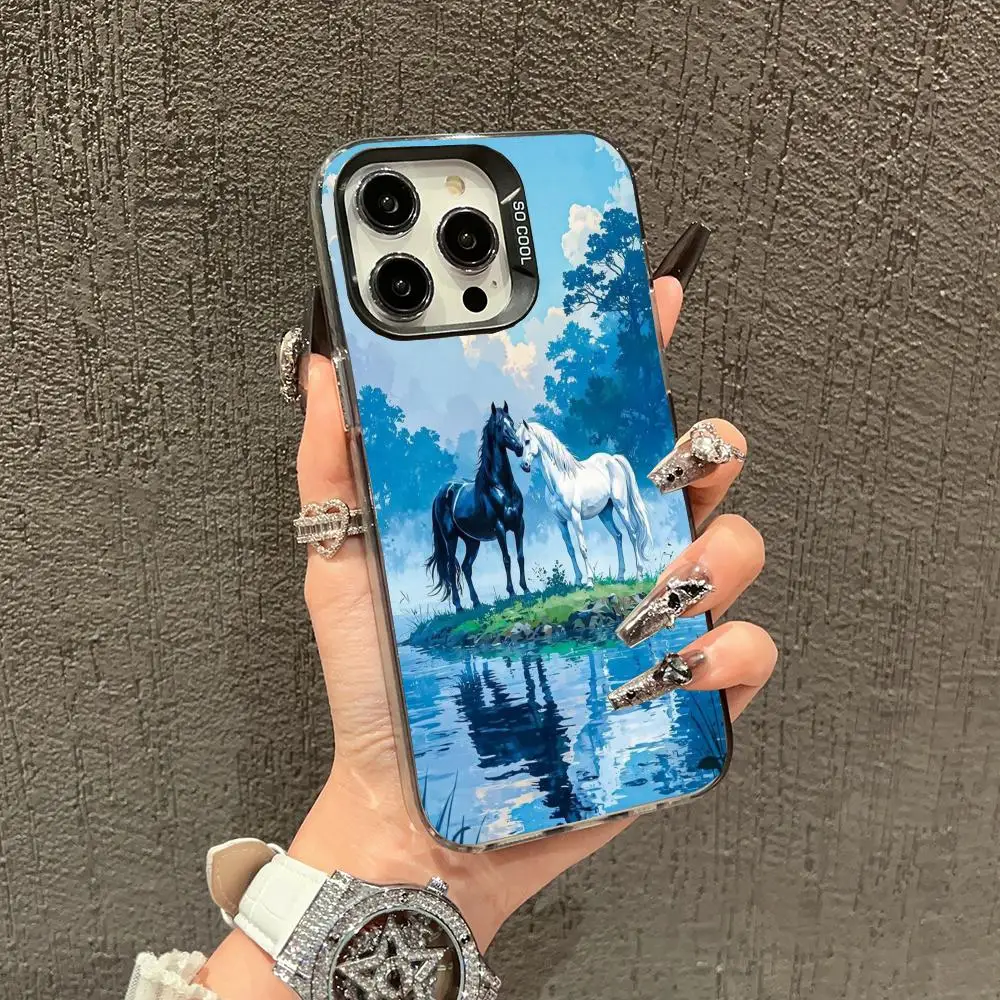 

Horse and landscape pattern phone case for iPhone 16 15 14 13 12 11 Pro/ Max/Plus shock-proof rear cover anti-fingerprint