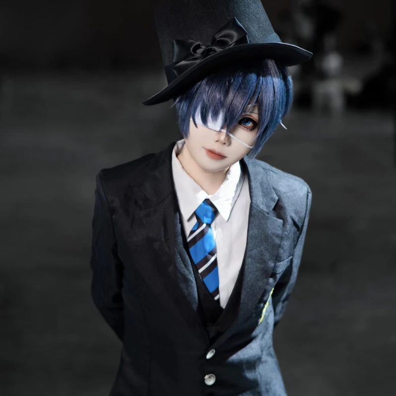 أنيمي الأسود بتلر Ciel Phantomhive تأثيري حلي شعر مستعار زي مدرسي أسود طويل دعوى هالوين موافرات الحفلات دور الزي