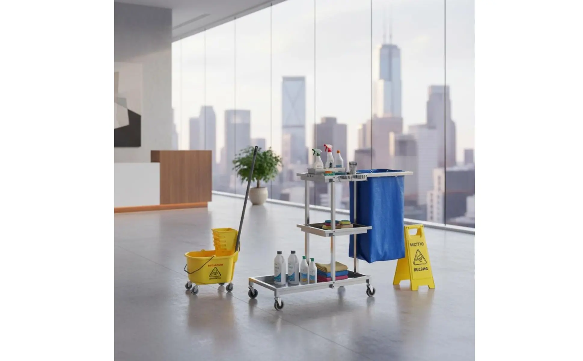 Hotel Linen Cart Sturdy Duty Stainless Steel Janitor Cart Business Cleaning Trolley with Bag Large Capacity for Housekeepers