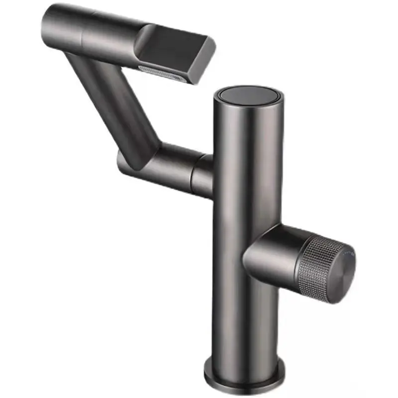 Bateria umywalkowa w kolorze szarym gunmetal z miedzi, z wyświetlaczem cyfrowym temperatury wody ciepłej i zimnej, bateria pod umywalkę, bateria pod umywalkę podwieszoną, bateria uniwersalna z ramieniem robotycznym.