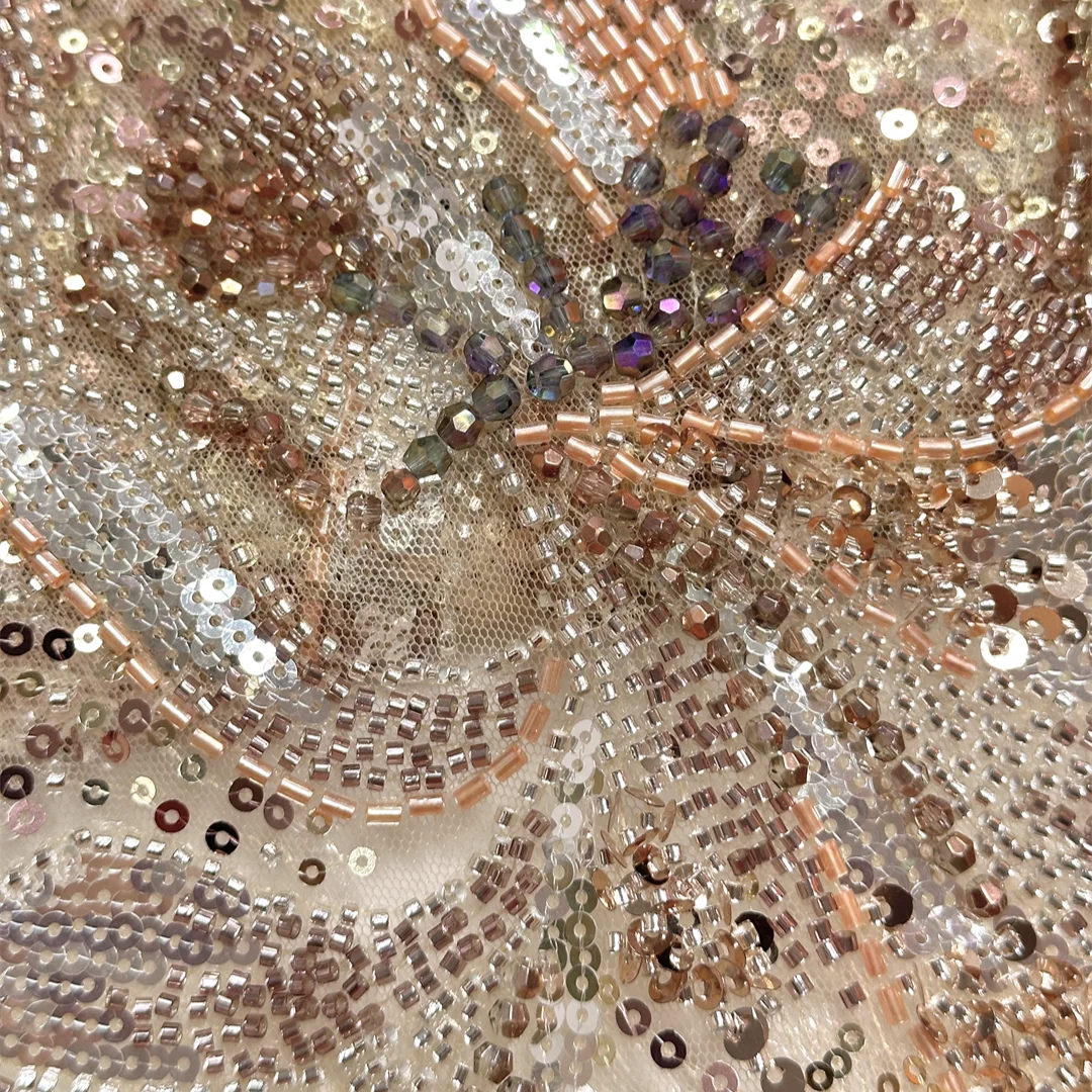 

Luxury African Lace Fabric 5 Yards French Tulle Sequin Floral Embroidery Colorful Rhinestone Bead Lace For Evening Banquet Dress