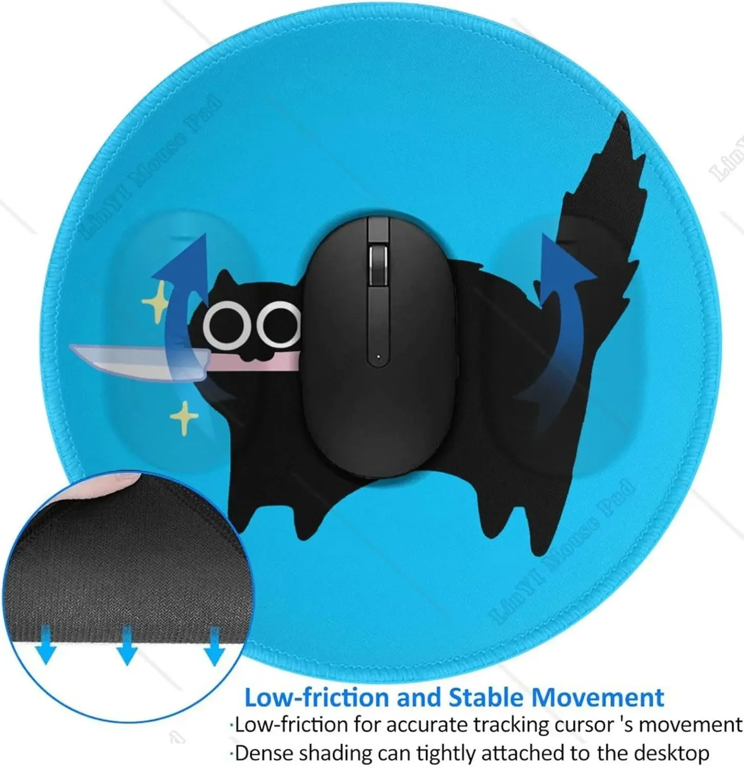 Black Cat with Knife Cute Round Mousepad with Non-Slip Rubber Base Stitched Edge for Mouse Office Home Gaming Working 7.9 Inch