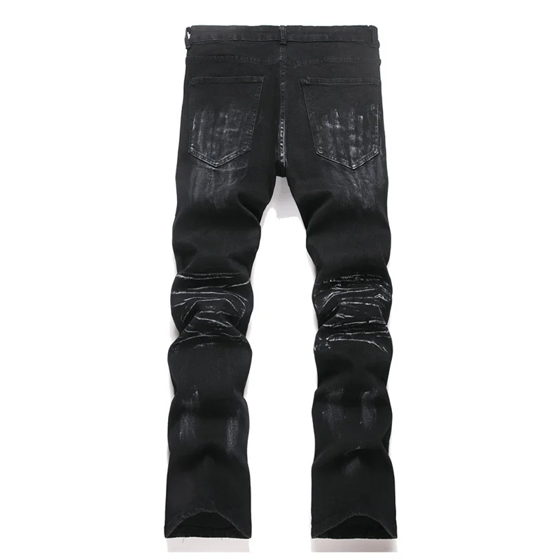 Rhinestone Star Printed Hip Hop Jeans Pants Slim Fit Streetwear Casual Denim Trousers For Male Black