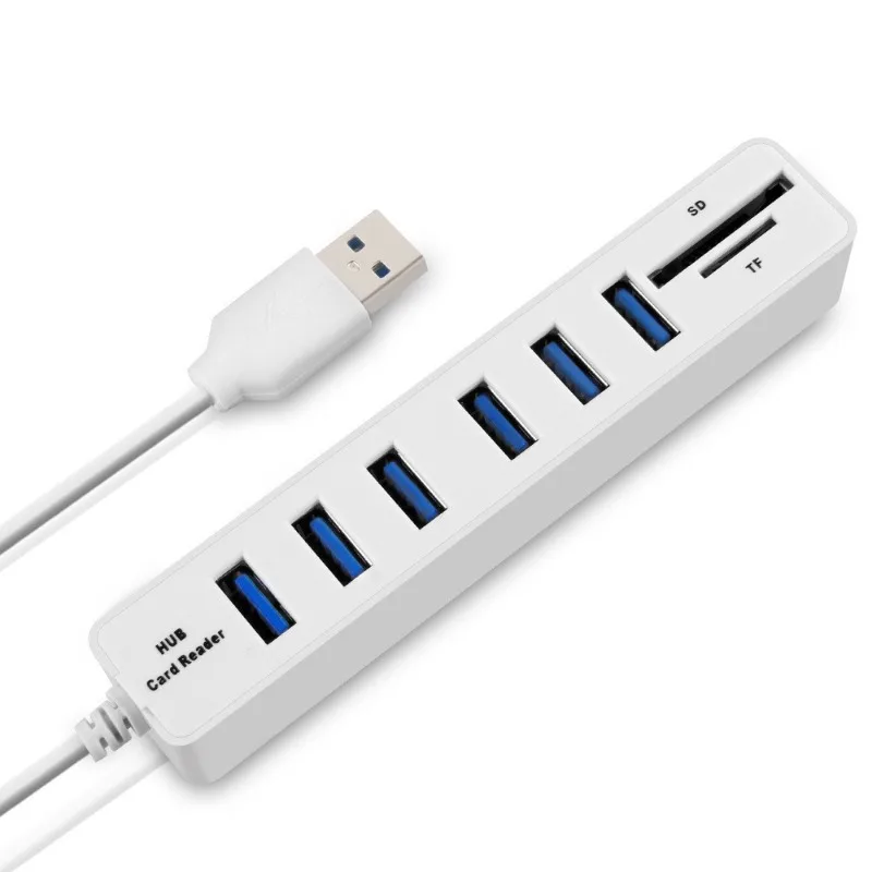 8 in 1 USB Hub with 6 USB 2.0 Ports, 1 TF Card Reader, 1 SD Card Slot - Multi-Function External Comb