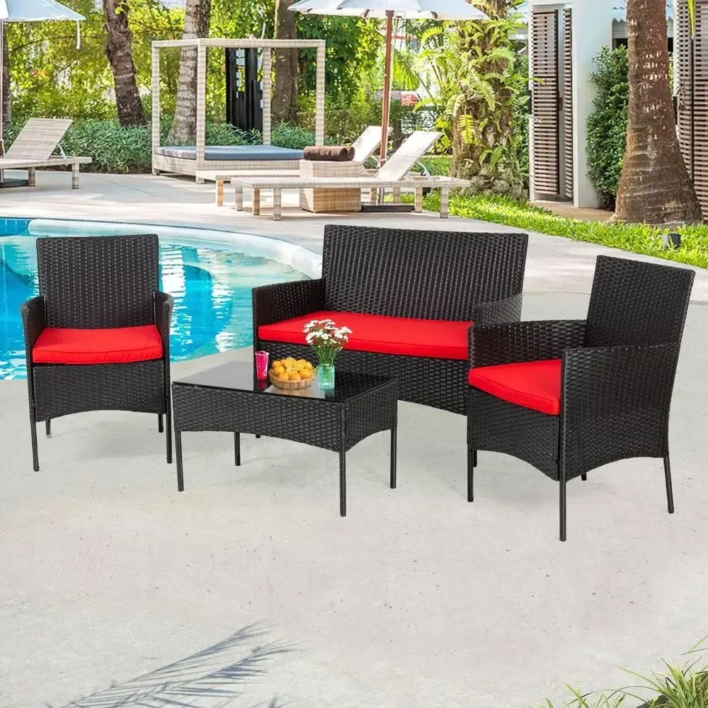 4-Piece Outdoor Patio Furniture Set with 3 Rattan Chairs and Tempered Glass Table, Water-Resistant, Includes Seat Cushions, Idea