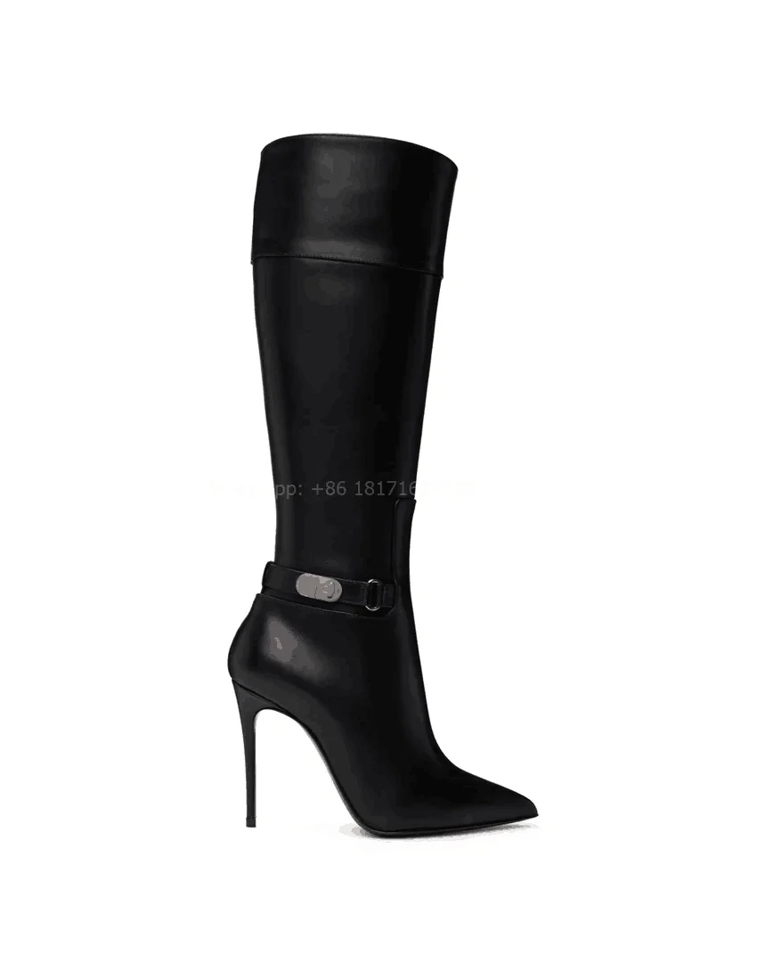 

Knee High Luxury Pointed Toe Zip Dress Boots Stiletto High Heel Women Lock Leather Boots Fashion Show Fall Lady Shoes 2024