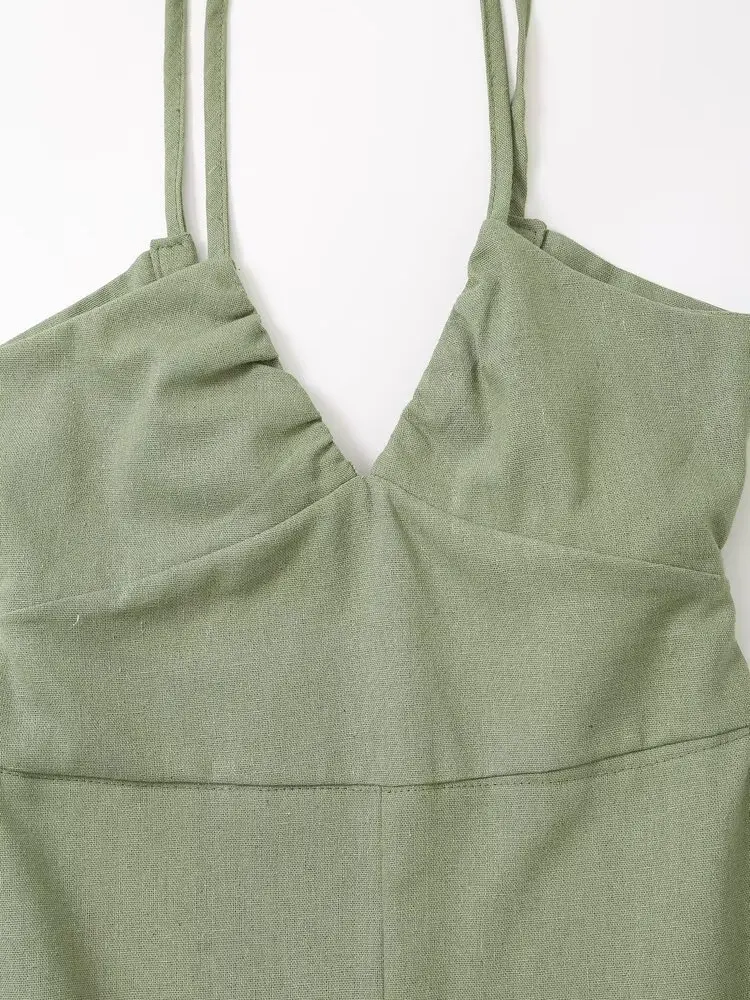 Jenny&Dave Minimalistyczna lniana teksturowana sukienka na ramiączkach dla kobiet w stylu francuskim i seksowna mini sukienka w kolorze armii zielonej dla kobiet