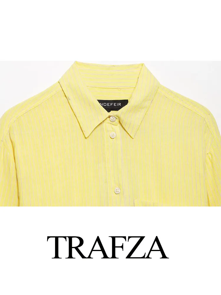 

TRAFZA Summer Women Blouses Yellow Stripe Turn-Down Collar Long Sleeve Pocket Decorate Single-Breasted Female Casual Shirts