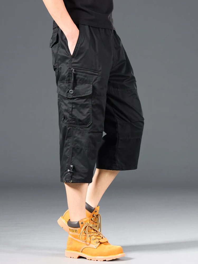Sommer Herren Cargo-Shorts Lose Lässige Knielange Hosen Elastischer Bund Übergröße Outdoor Jogging Taktische Capri-Hosen