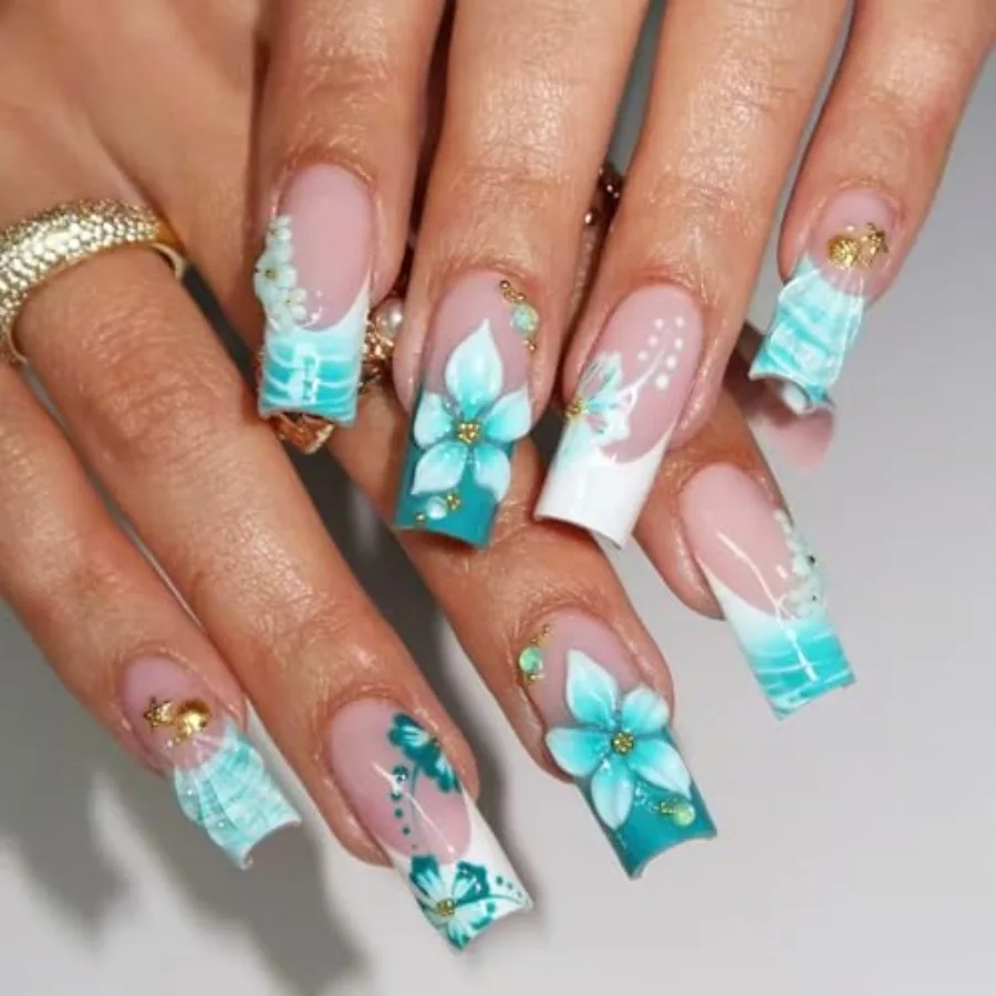 

Medium Square Press on Nails Fake Nails Artificial Nail Stick onNail for Women, Summer Ocean Style with Aqua Blue 3DFlowers, Se