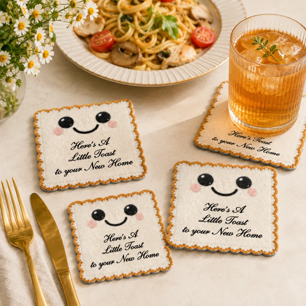 Here Is A Little Toast To Your New Homeset Of 4 Customizable Toast Felt Coasters 10×10cm,  Coaster For Table Home Decor
