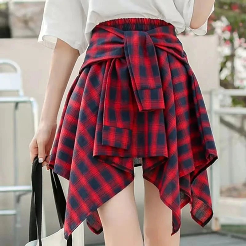 

2024 New,Spring Summer Dance Skirts,Girls, Korean Checkered Irregular High Waist Short Skirt, Women+Safety Pants, Preppy Skirts