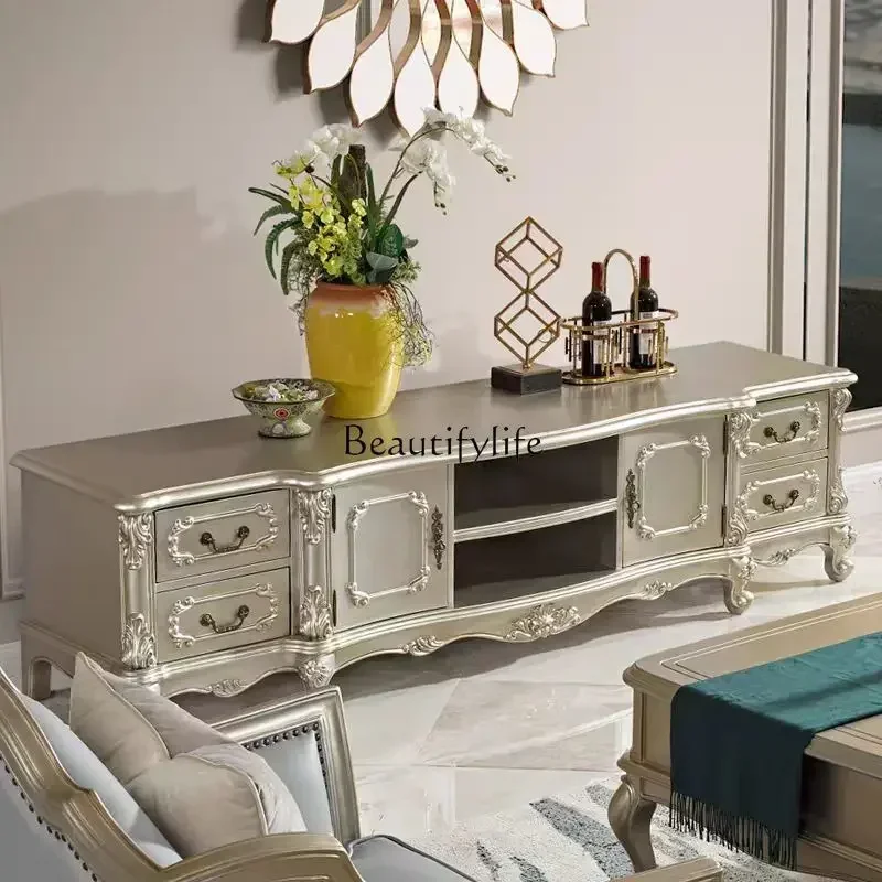 

European light luxury TV cabinet solid wood carving flower American storage floor cabinet villa premium champagne color
