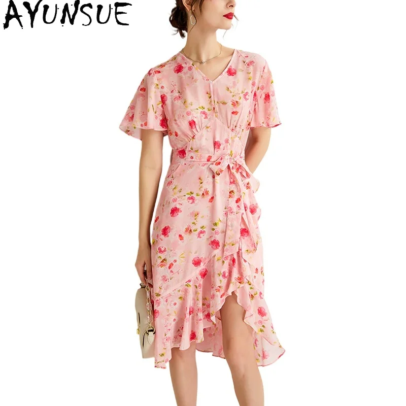 

AYUNSUE 100% Mulberry Silk Womens Dresses Elegant Dresses for Women Clothes Midi Dress Fashion Summer Dress 2024 Платье Женское