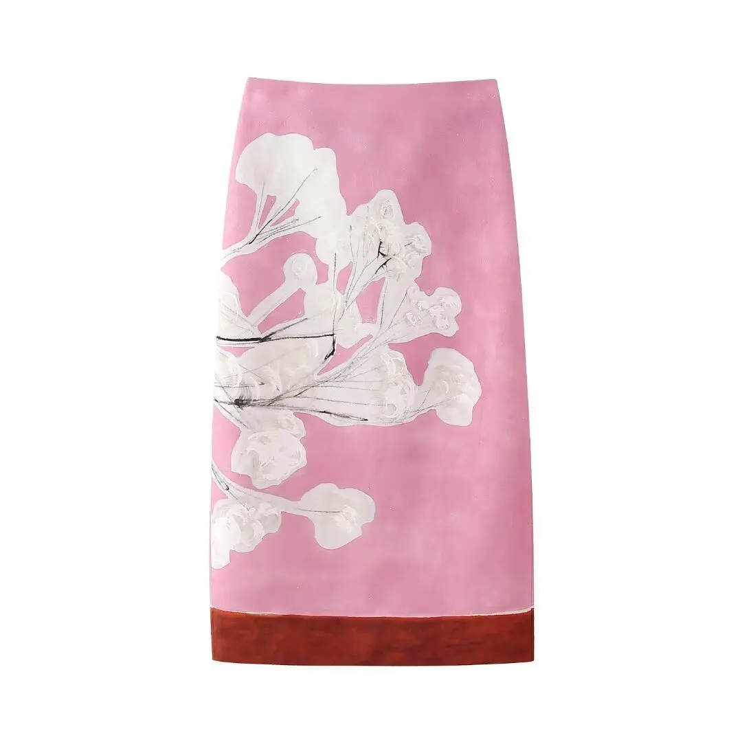 Summer Woman\'s Elegant Pink Floral Printed Skirt Vintage Mid-Waist Hem Slit Midi Pencil Skirts Zipper Female Casual Long Skirt