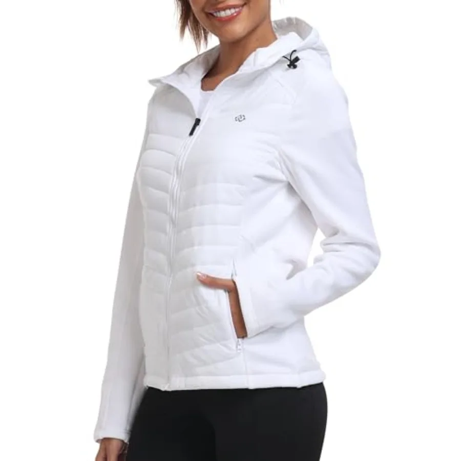 

Womens Fleece Lined Softshell Jacket Hooded Lightweight Insulated Puffer Hybrid Down Jacket Full Zip Running Coat