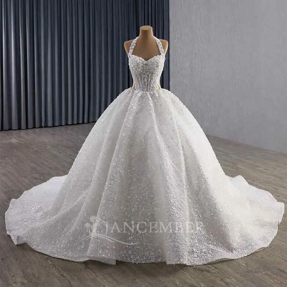 Elegant Wedding Dresses For Women Beaded Customized Lace Up Halter Appliques Princess Lace Up Wedding Gown Vestidos De Novia