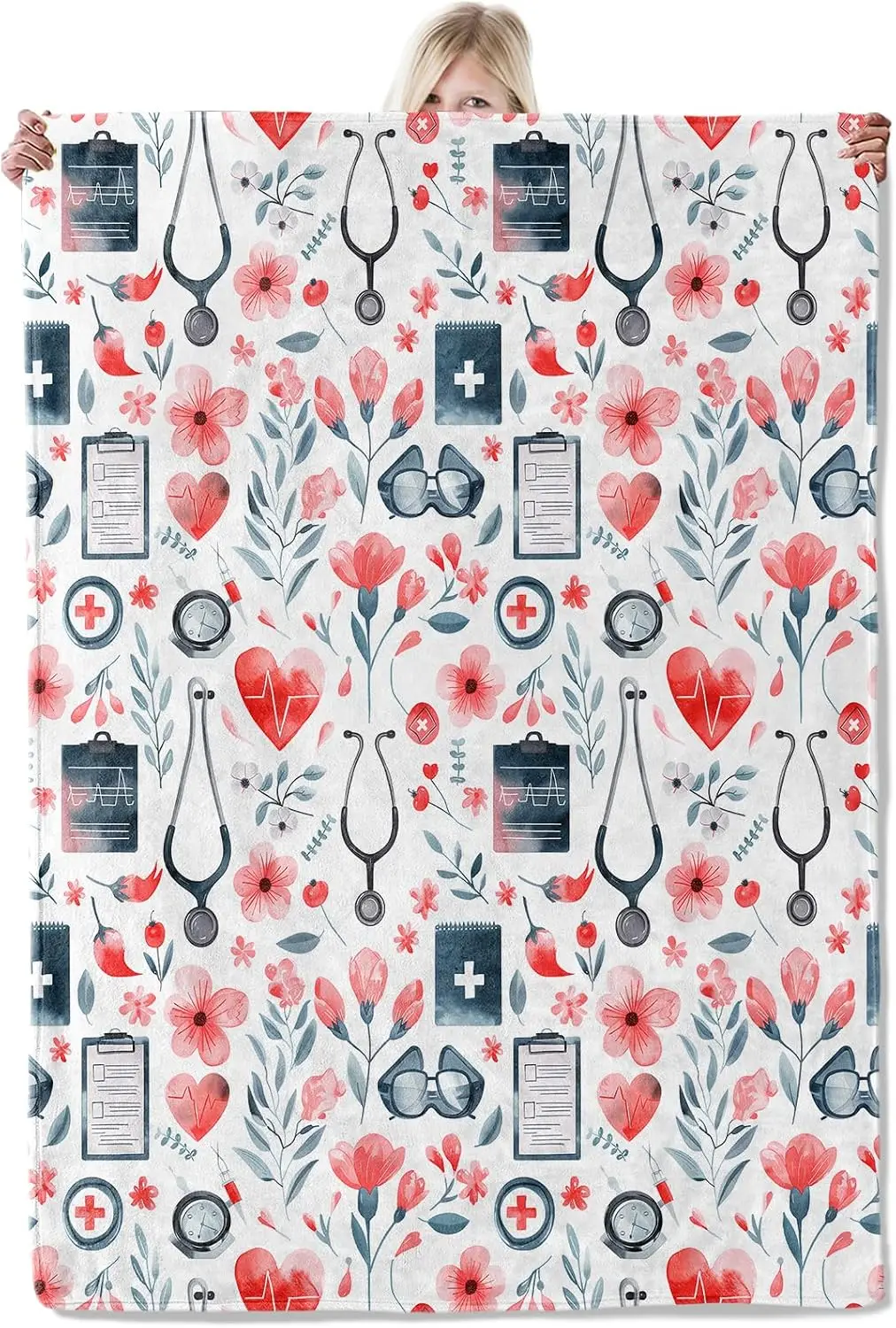 Nurse Appreciation Floral Medical Theme Flannel Blanket Stethoscope Heartbeat Pattern for Medical Office Home Decor Gifts