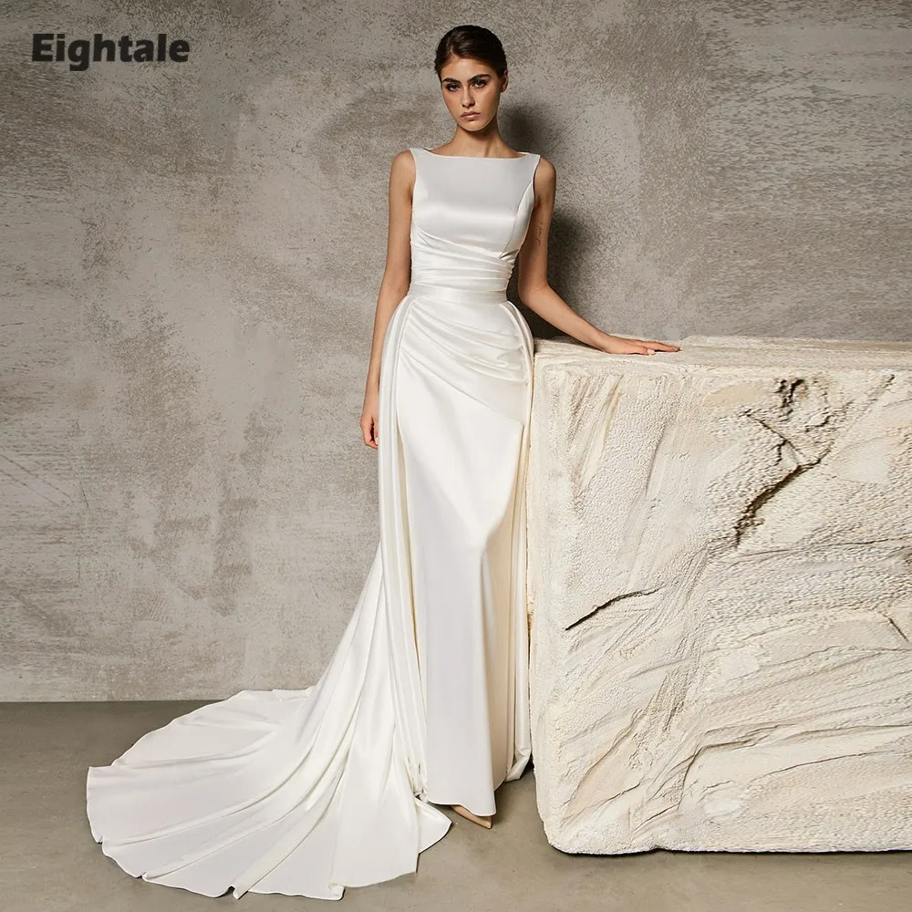 

Eightale арабское свадебное платье с круглым вырезом на заказ цвета слоновой кости атласное свадебное платье длиной до пола мусульманское вечернее платье русалки невесты