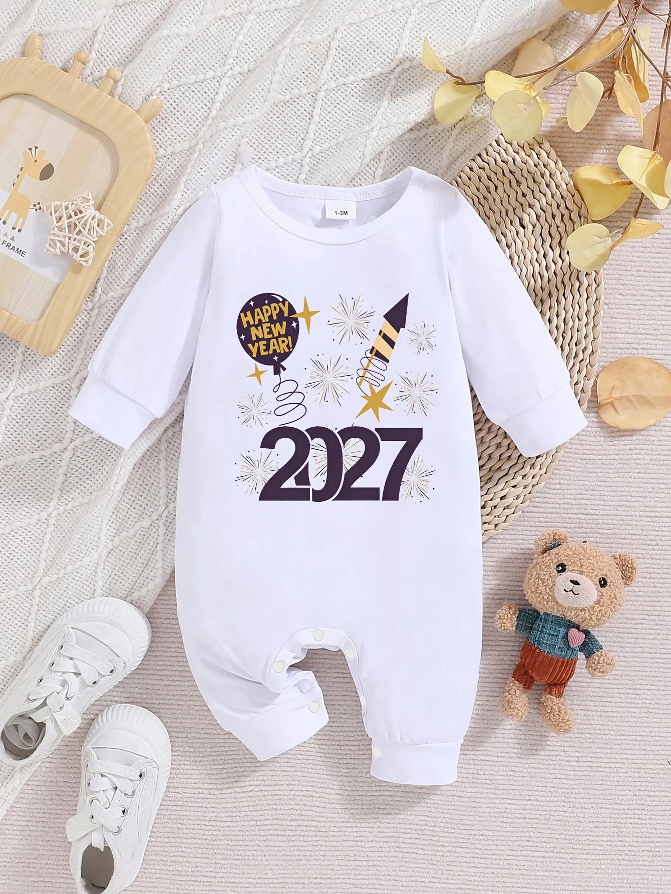 New Baby Boys & Girls Clothes Cartoon Happy New Year/Welcome 2027 Letter Print Cute Long Sleeve Jumpsuit, for Outdoor Baby Gifts