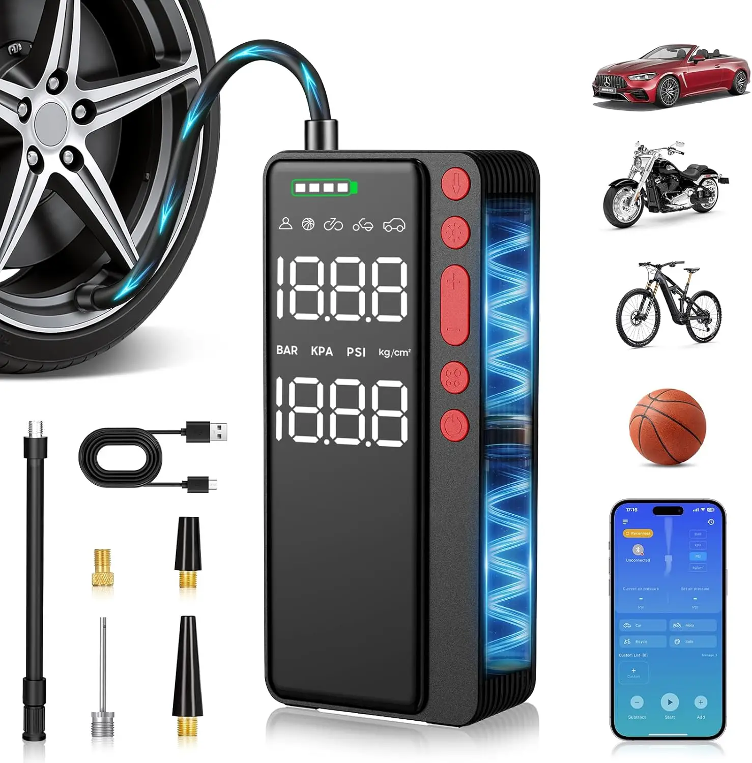 

Intelligent tire inflation pump portable air compressor, APP controlled tire inflation pump, 10000mAh, 150PSI inflation pump